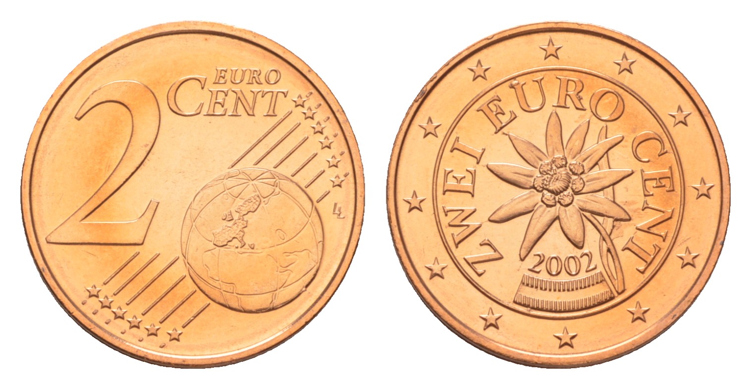 Австрия 2 евроцента 2002 из ролла KM 3083 сталь плакированная медью  UNC  M64-17