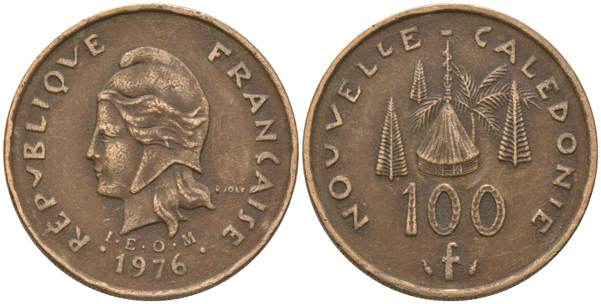 Французская Новая Каледония 100 франков 1976 хижина среди сосен и пальм, (IEOM) KM 15, Schoen 16, Lec 130 никель бронза 88-222