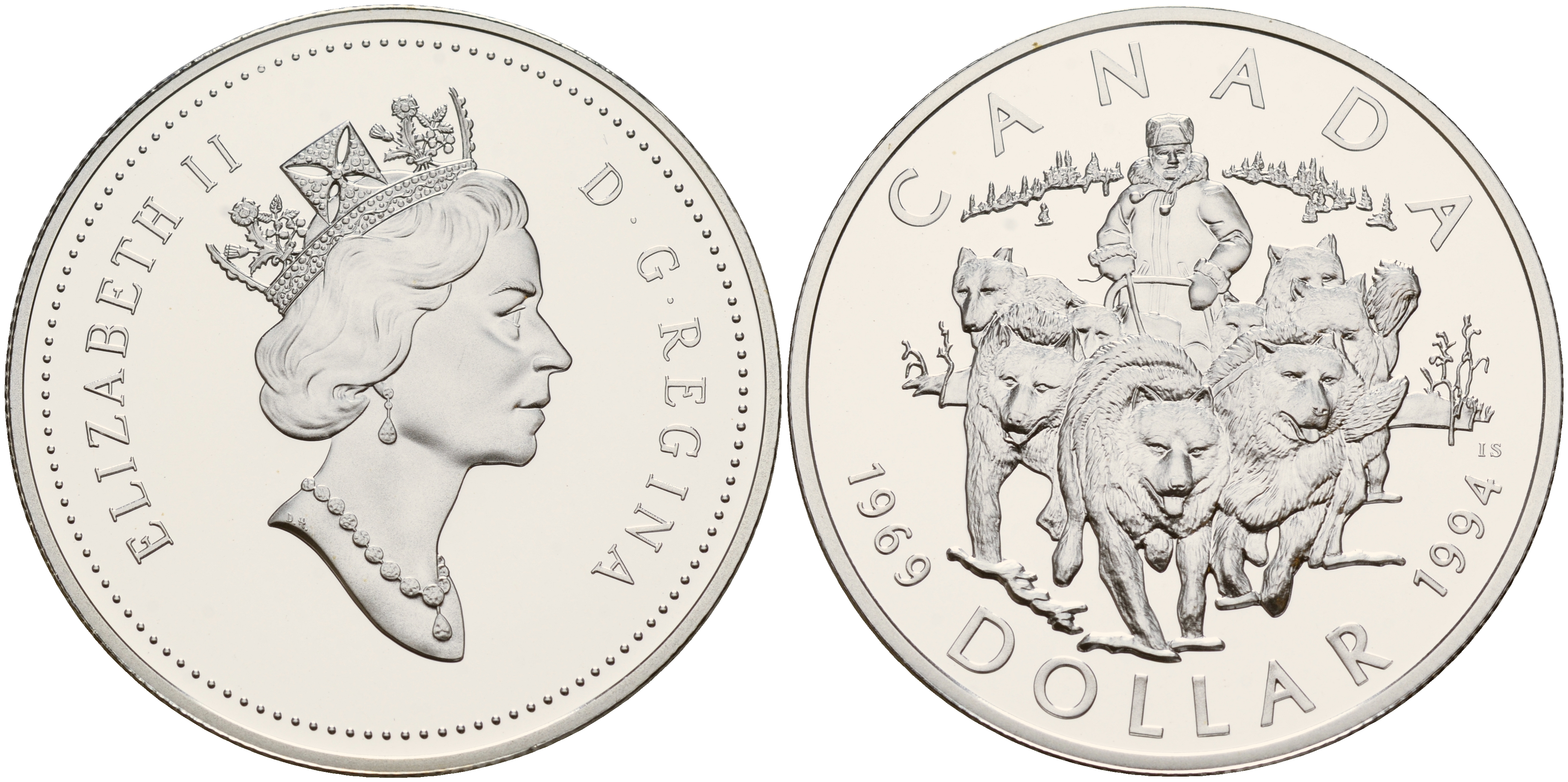 Канада 1 доллар 1994 25 лет RCMP - Патрульной службе на собачьих упряжках, в оригинальной коробке, с сертификатом КМ 251 серебро PROOF 5-6-4-21