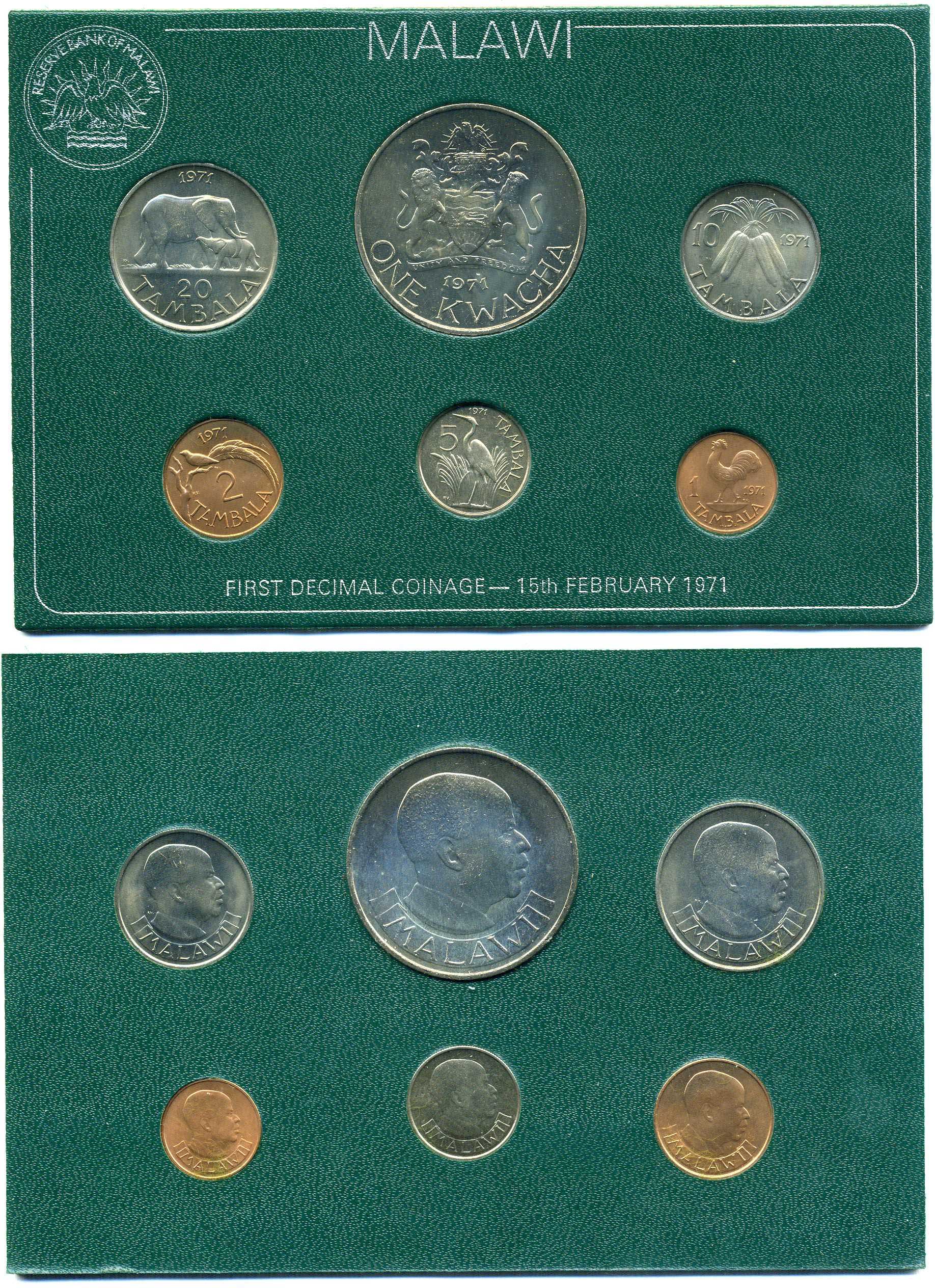 Малави официальный набор из 6 монет 1971 В ПЛАСТИКЕ, тираж 10000 экз. KM MS1 (KM 7,1-11,1, 12) UNC 3-4-3-25