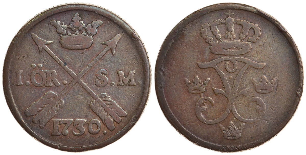 Швеция 1 эре 1730 Фредерик I (1720-1751) KM 416.1 медь 4179-415