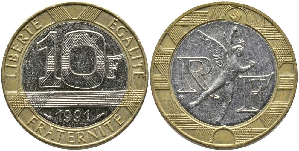 Франция 10 франков 1991 тип гений Бастилии KM 964.1, Le Frank 375.6 биметалл 65-1034