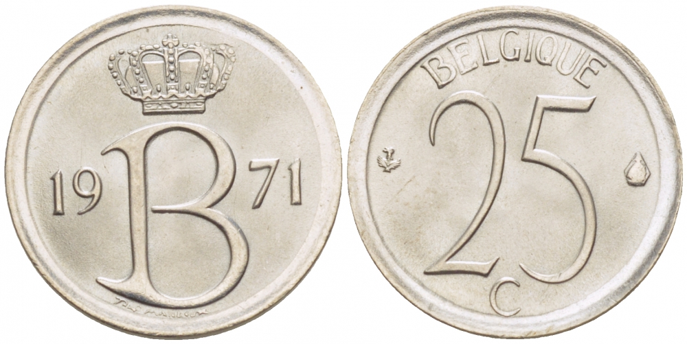 БЕЛЬГИЯ 25 САНТИМОВ 1971 BELGIQUE KM 153.1 медно-никель UNC 3996-1123