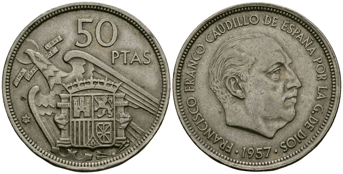 Испания 50 песет 1957 (58) Франсиско Франко (1939-1975) KM 788 медно-никель 4137-112