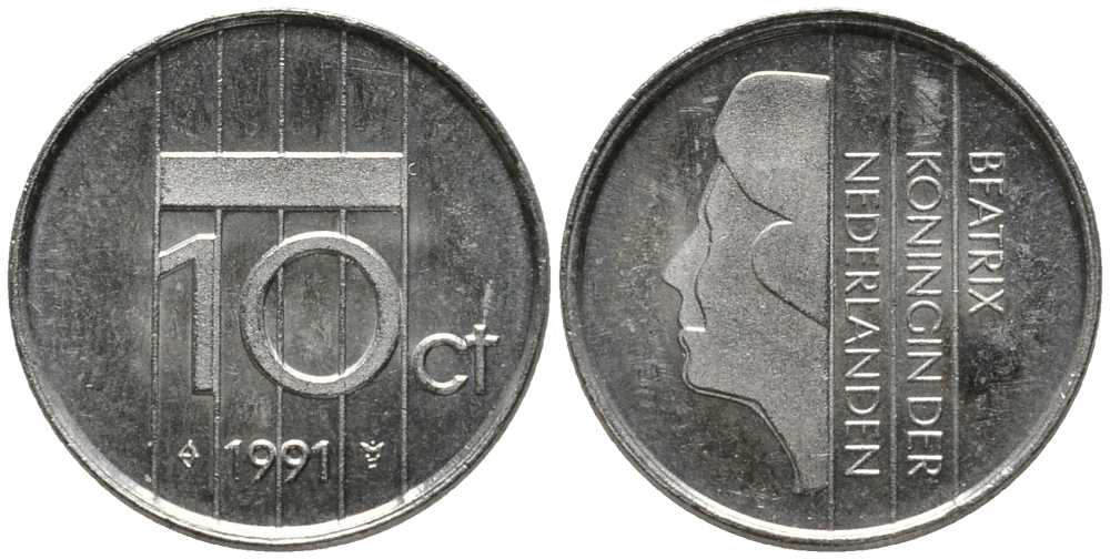 НИДЕРЛАНДЫ 10 ЦЕНТОВ 1991 БЕАТРИКС KM 203 никель 112-743