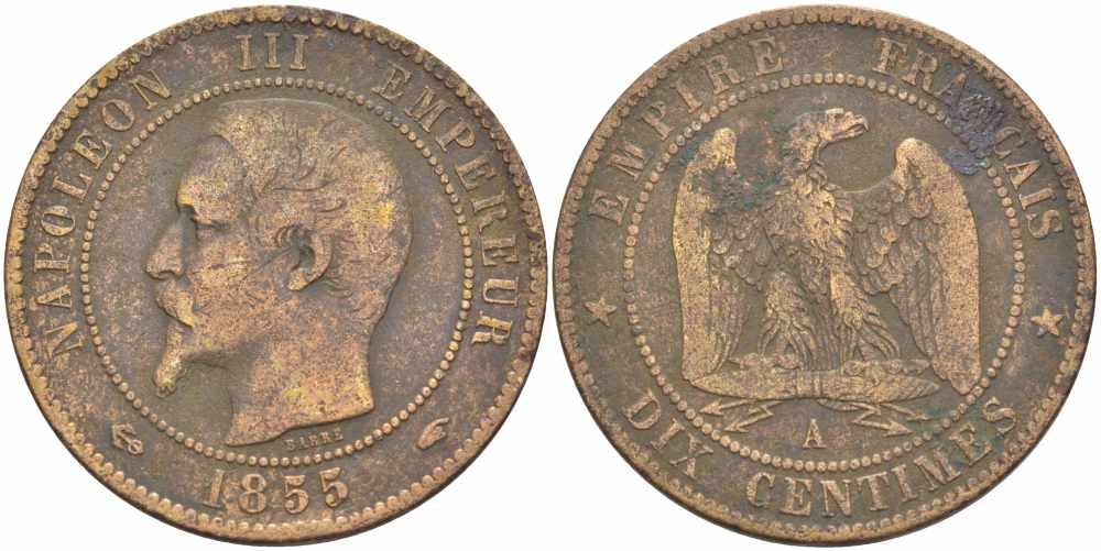 ФРАНЦИЯ 10 САНТИМОВ 1855 A, НАПОЛЕОН III (1852-1870) KM 771.1, LE FRANC 133.19 бронза 38-1041
