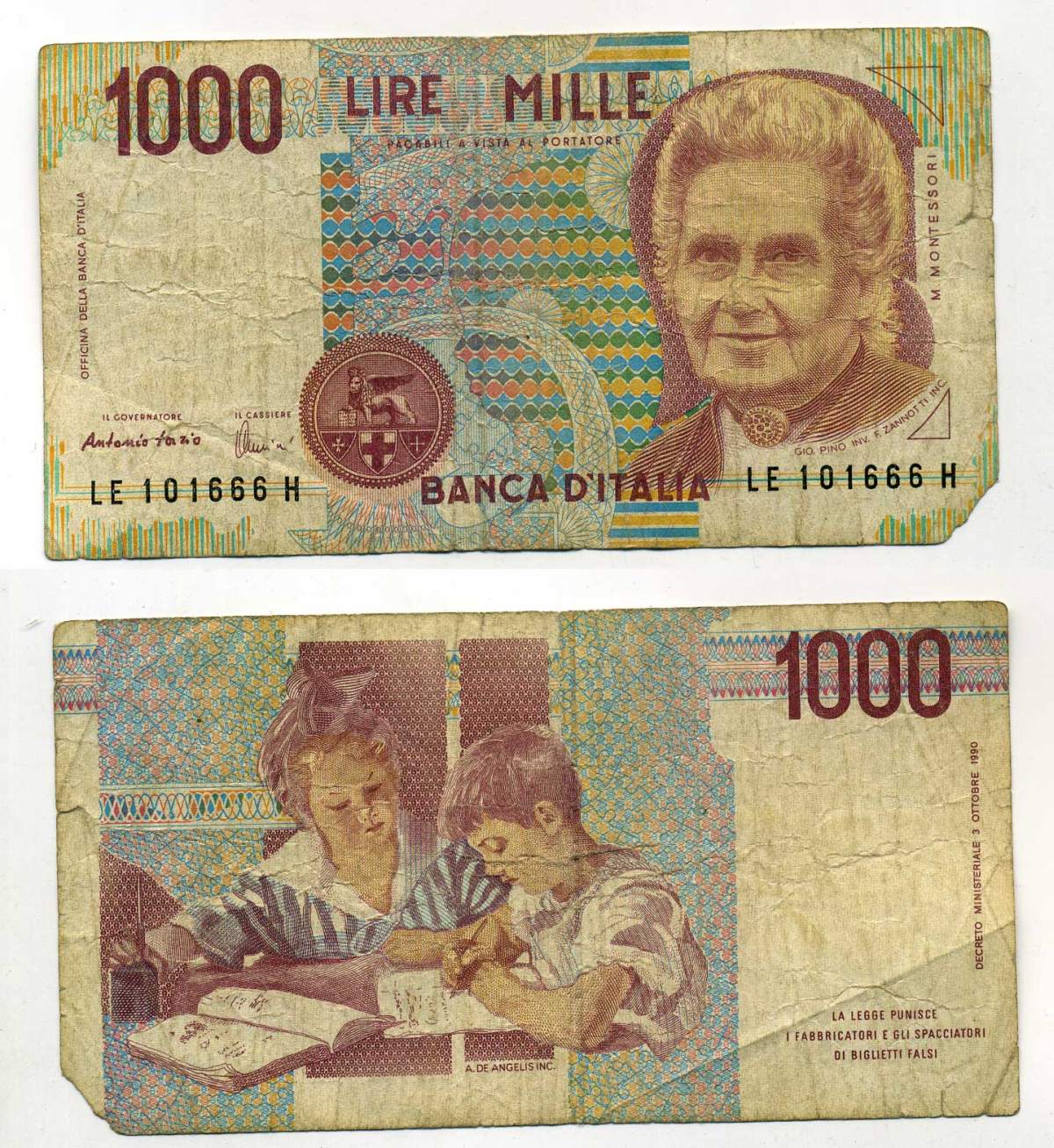 Италия 1000 лир 1990 Мария Монтессори Pick 114c 70-35-5-1