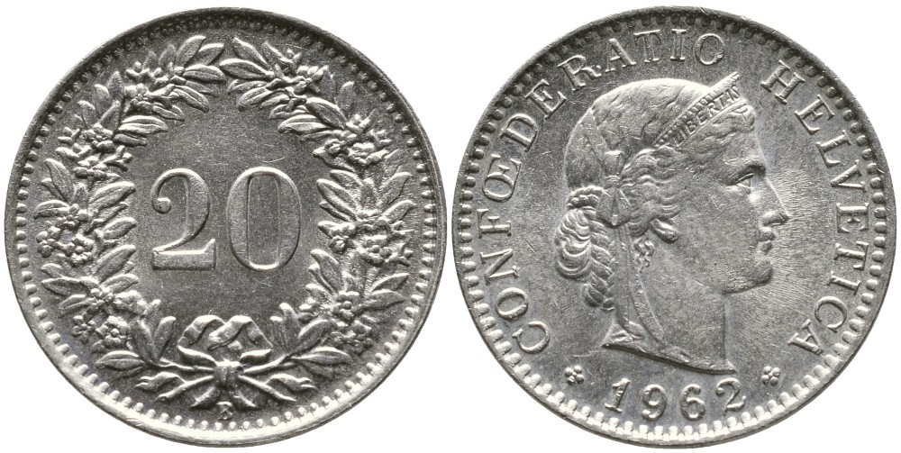 Швейцария 20 раппенов 1962 В KM 29а медно-никель 4539-612