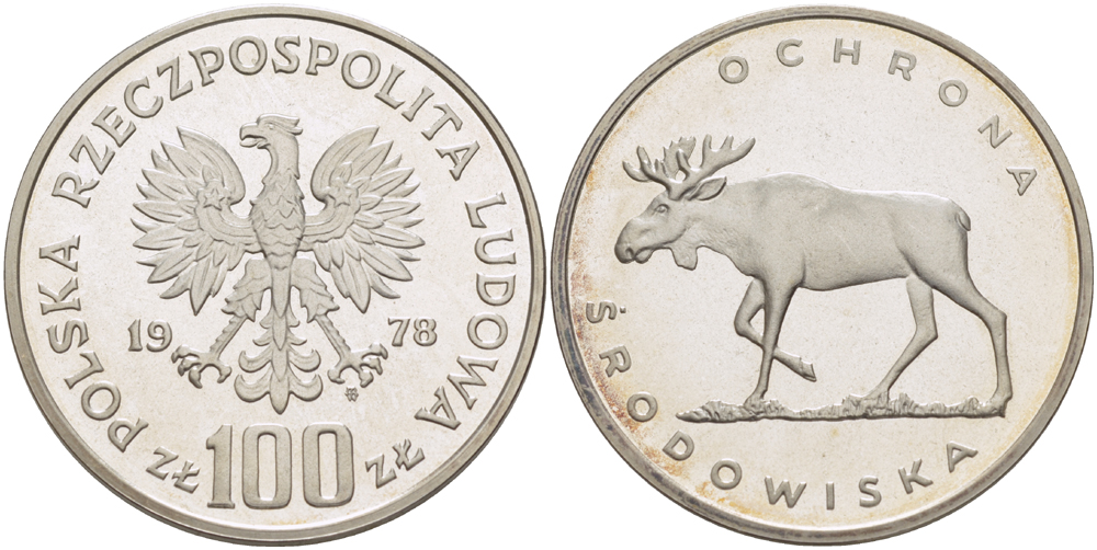 Польша 100 злотых 1978 MW, серия охрана окружающей среды, лось KM 93, Parchimowicz 281 серебро PROOF 1085-1-15