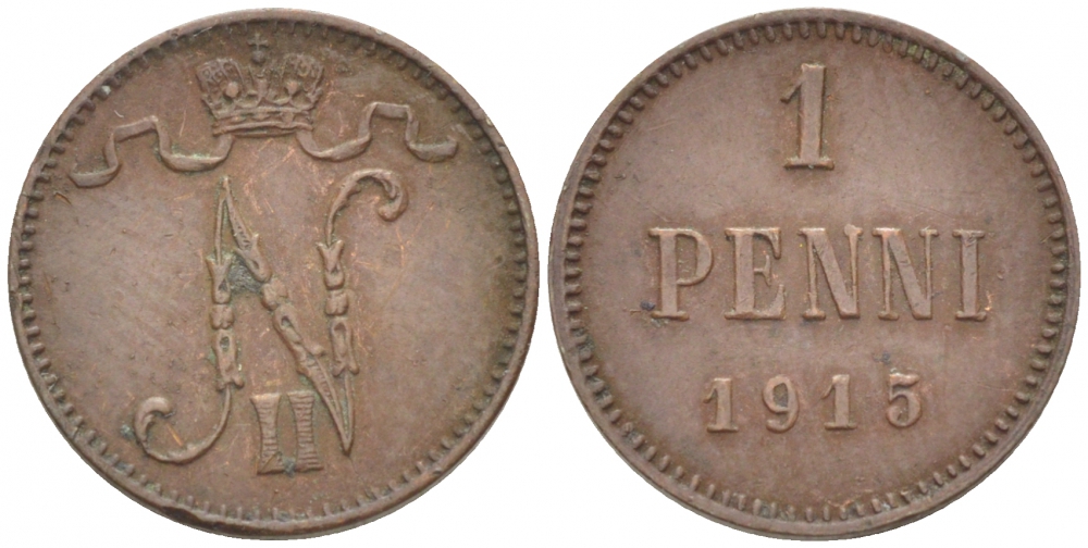 РОССИЯ ДЛЯ ФИНЛЯНДИИ 1 ПЕННИ 1915 НИКОЛАЙ II KM 13, Биткин 475 медь 4396-1441