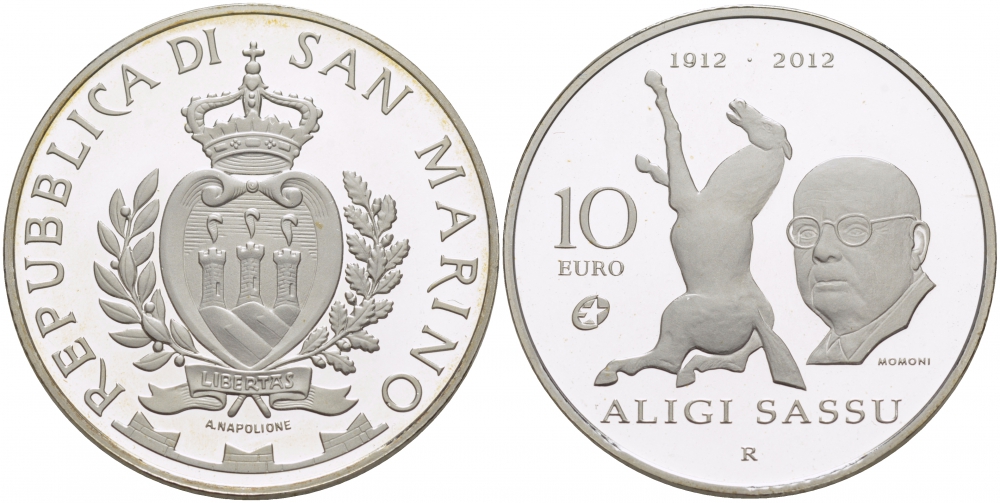 Сан-Марино 10 евро 2012 100 лет со дня рождения архитектора Алиджи Сассу SM 161 серебро PROOF 01-163-43