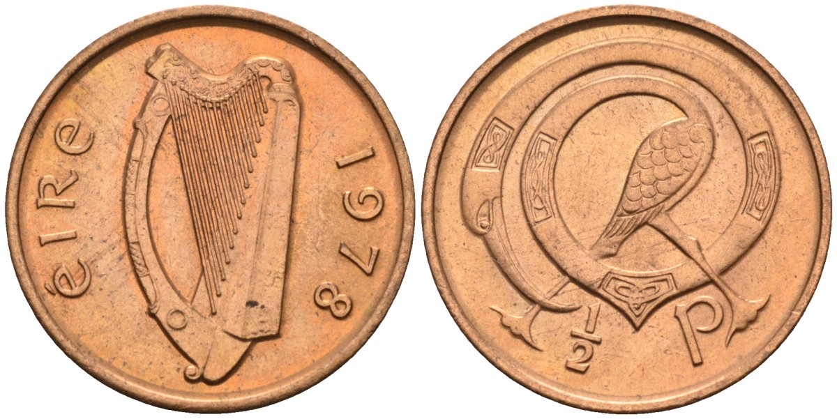 Ирландия 1/2 пенни 1978 мифологическая птица лира KM 19 бронза UNC 4580-911