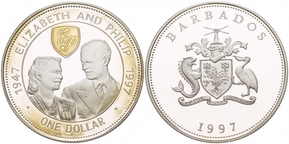 Барбадос 1 доллар 1997 золотая свадьба королевы Елизаветы и принца Филиппа, позолота KM 64 серебро PROOF 02-117-47