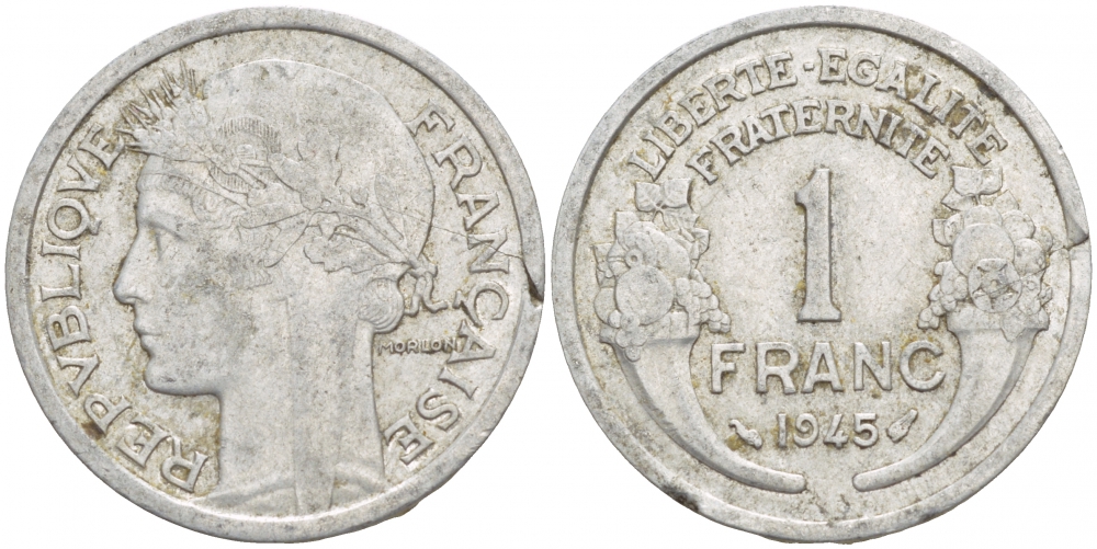ФРАНЦИЯ 1 ФРАНК 1945 KM 885a.1 алюминий 4541-131