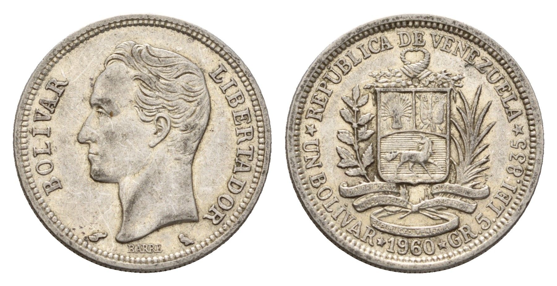 Венесуэла 1 боливар 1960 Симон Боливар Y 37a серебро 4128-653