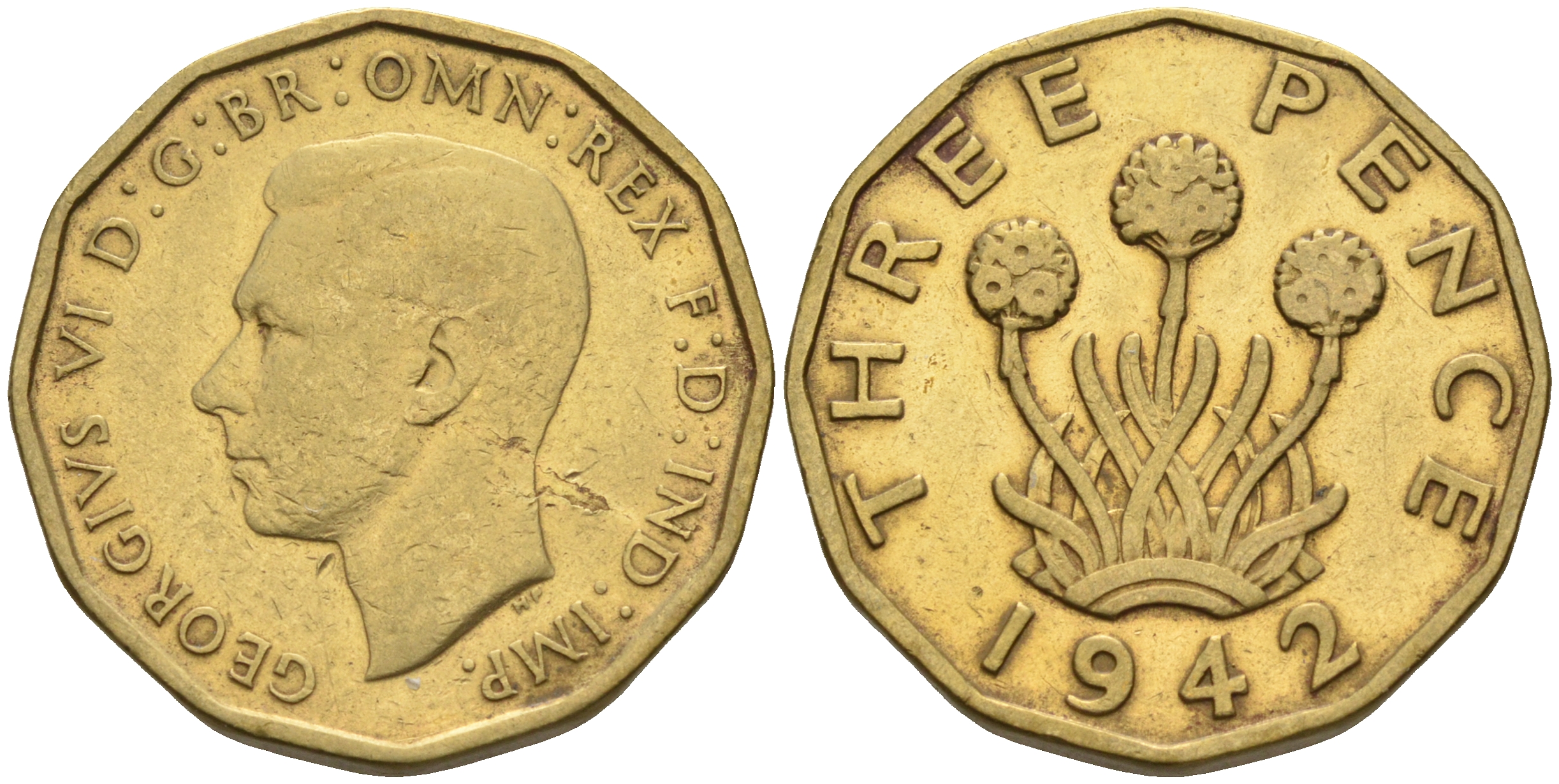 Великобритания 3 пенса 1942 Георг VI (1936-1952) KM 849, Spink 4112 никель латунь 4592-354