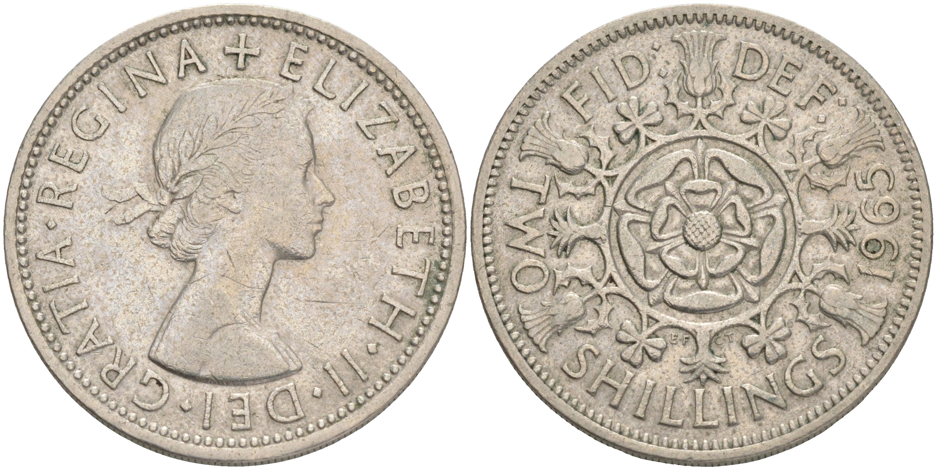 Великобритания 2 шиллинга (флорин) 1965 Елизавета II (1952-2022) KM 906, Spink 4146 медно-никель 4557-1045