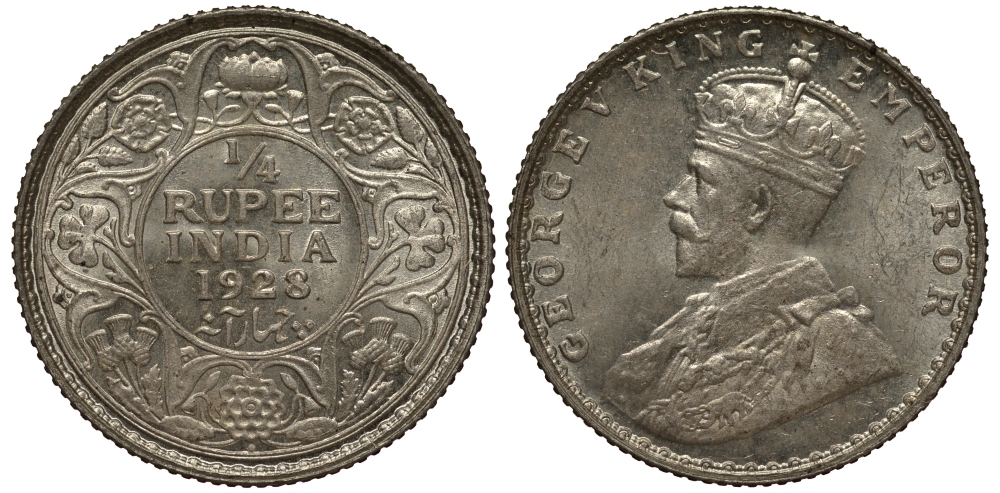 Британская Индия 1/4 рупии 1928 Георг V (1910-1936) KM 518 серебро UNC 4044-125