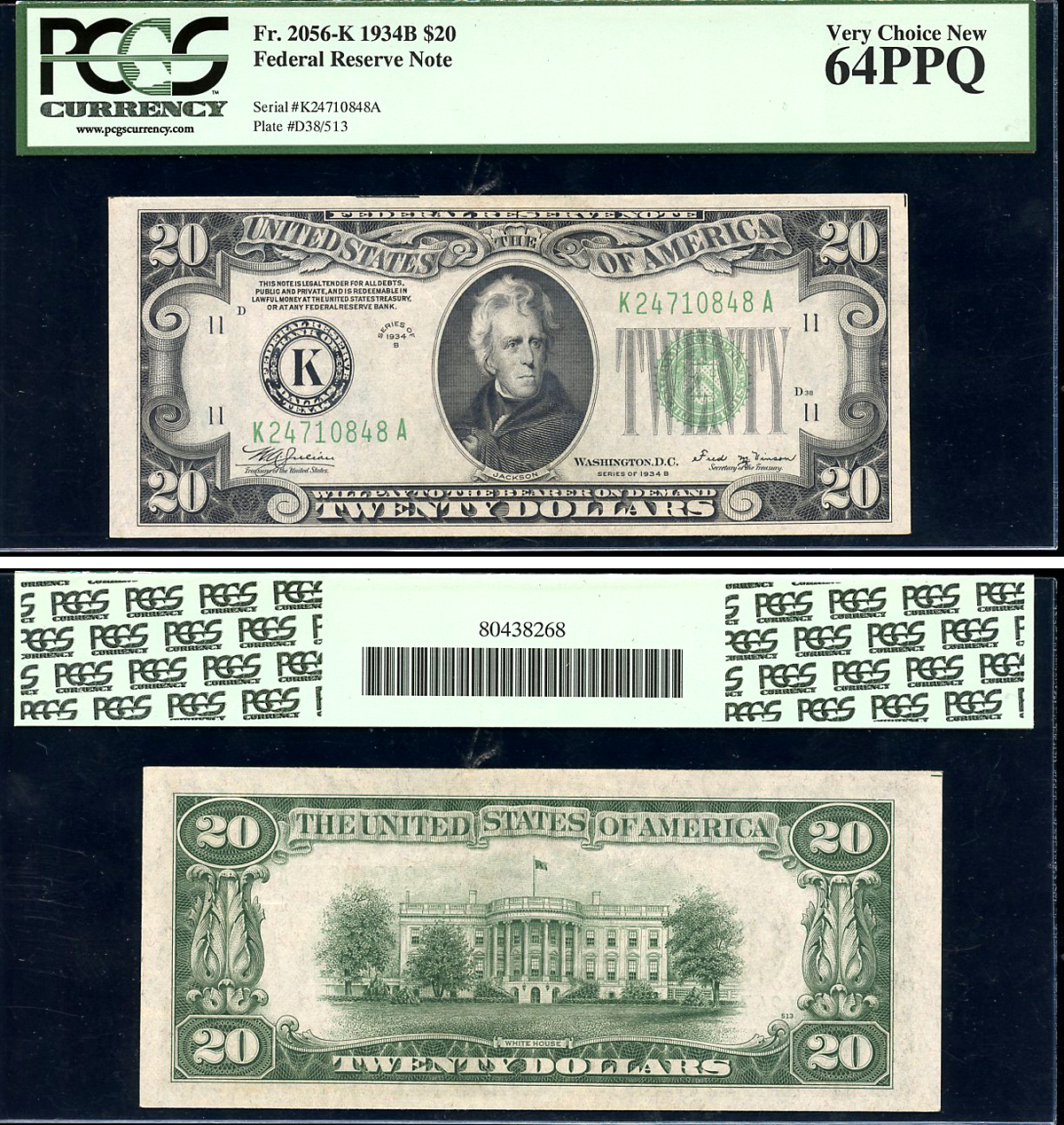 США 20 долларов 1934 серия 1934B, K (Техас), в слабе PCGS 65 PPQ Gem New Pick 431D b, Fr. 2056-K  бумага  UNC (пресс) 452-1-01