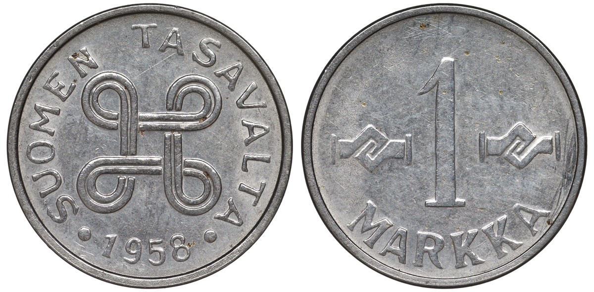 ФИНЛЯНДИЯ 1 МАРКА 1958 KM 36а железо плакированное никелем UNC 3334-1239