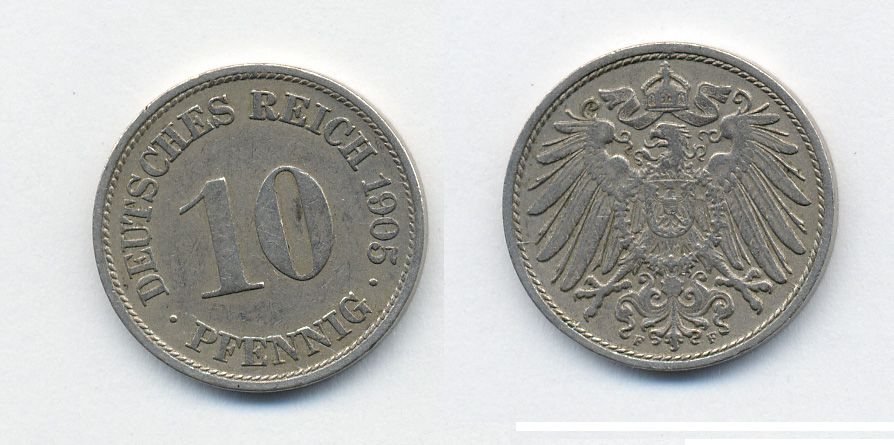 ГЕРМАНИЯ 10 ПФЕНИНГОВ 1905 KM 12 медно-никель 46-1421