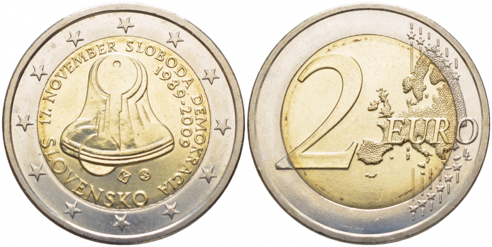 Словакия 2 евро 2009 20 лет Бархатной Революции, колокол KM 107 биметалл 175-1035