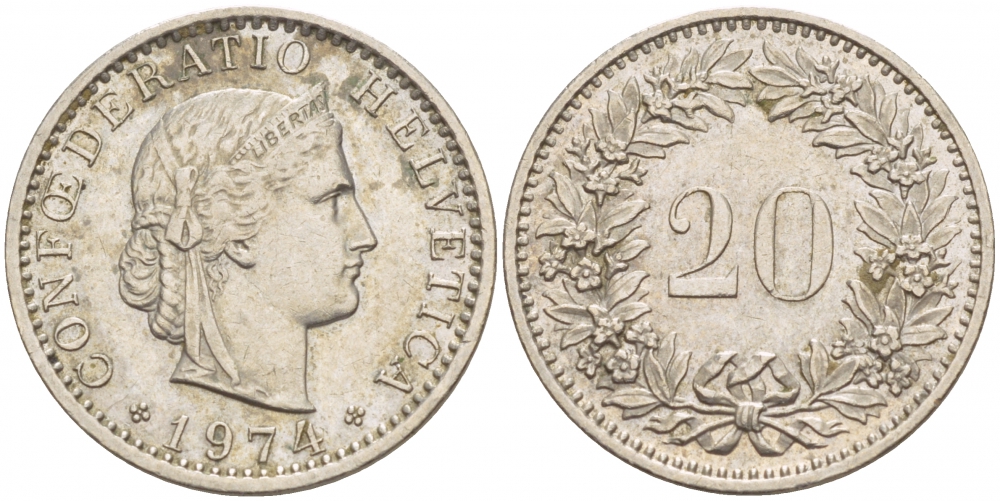 Швейцария 20 раппенов 1974 KM 29а медно-никель 51-116