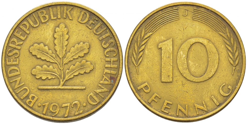 ФРГ 10 ПФЕННИГОВ 1972 J KM 108, J.383 сталь плакированная латунью 3718-744
