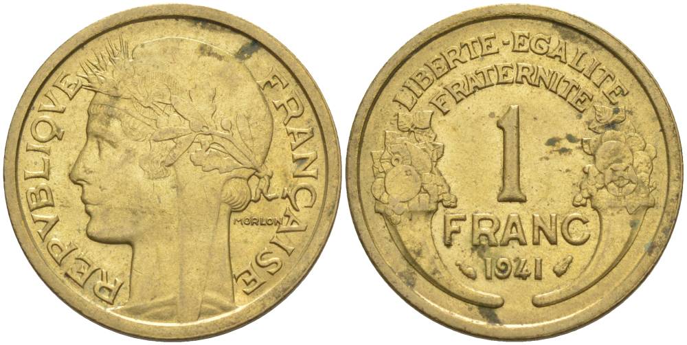 ФРАНЦИЯ 1 ФРАНК 1941 ТИП MORLON KM 885, LE FRANC 219.12 алюминиевая бронза 3853-232