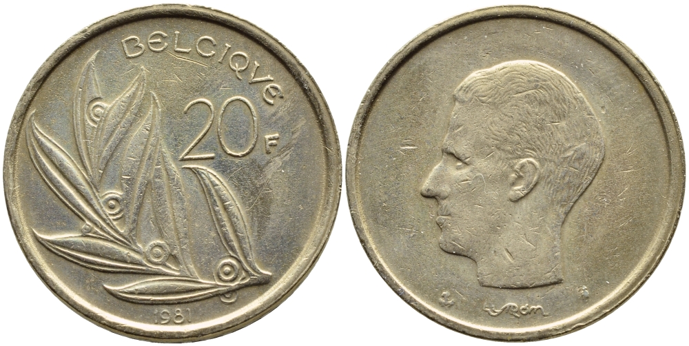 Бельгия 20 франков 1981 Belgique, Бодуэн I (1951-1993) KM 159 никель бронза 4364-4115