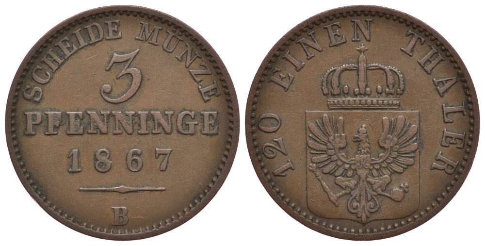 ПРУССИЯ 3 ПФЕННИГА 1867 B, ВИЛЬГЕЛЬМ I (1861-1888) KM 482 медь 186-611