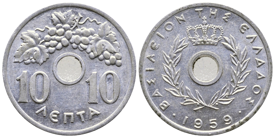 ГРЕЦИЯ 10 ЛЕПТА 1959 ПАВЕЛ I (1947-1964), ВИНОГРАДНАЯ ГРОЗДЬ KM 78 алюминий 4379-1442