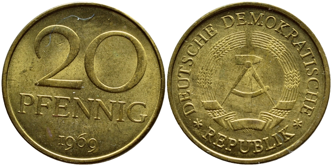 ГДР 20 пфеннигов 1969 А, первый год KM 11 латунь UNC 73-1036