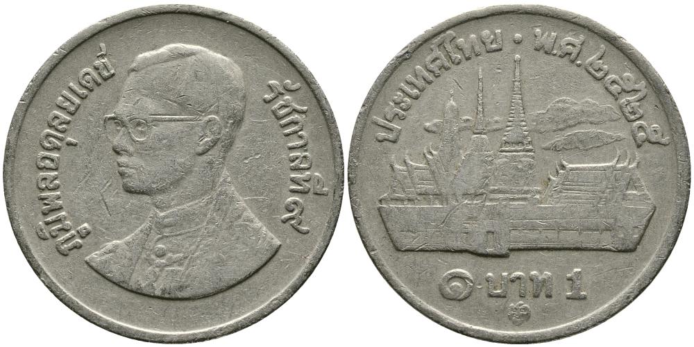 Таиланд 1 бат 1982 ВЕ2525, Рама IX (1946-2016), королевский дворец KM 159.1 медно-никель 3336-437