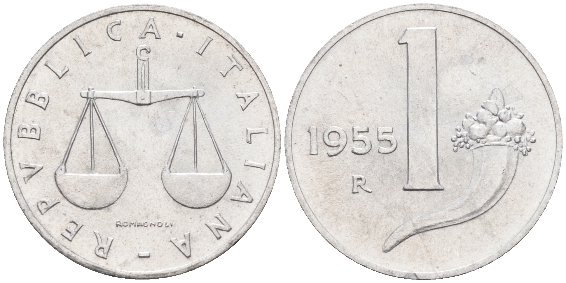 Италия 1 лира 1955 R, весы KM 91 алюминий  UNC  4594-627