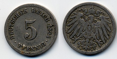 ГЕРМАНИЯ 5 ПФЕННИГОВ 1894 A, KM 11, J. 12 медно-никель 51-5249
