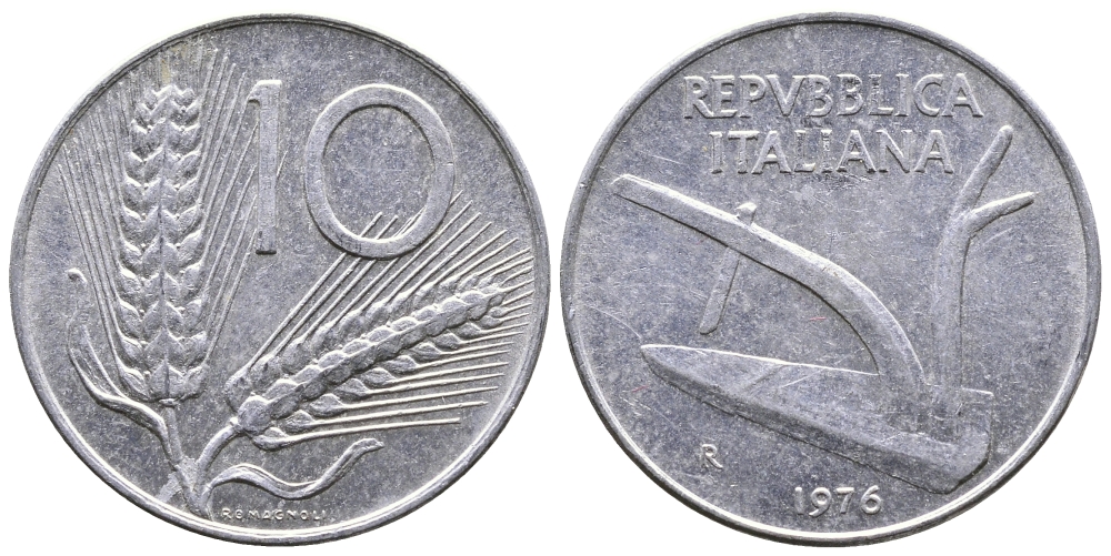 ИТАЛИЯ 10 ЛИР 1976 R, ПЛУГ, КОЛОСЬЯ KM 93 алюминий 51-3132