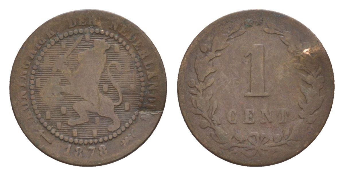 Нидерланды 1 цент 1878 Виллем III (1849-1890) KM 107 бронза 53-248