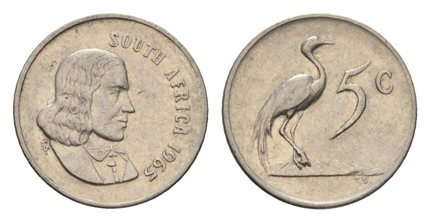 ЮАР 5 центов 1965 Ян ван Рибек (1619-1677), South Africa, легенда на англинском, райский журавль KM 67.1 медно-никель 4682-723