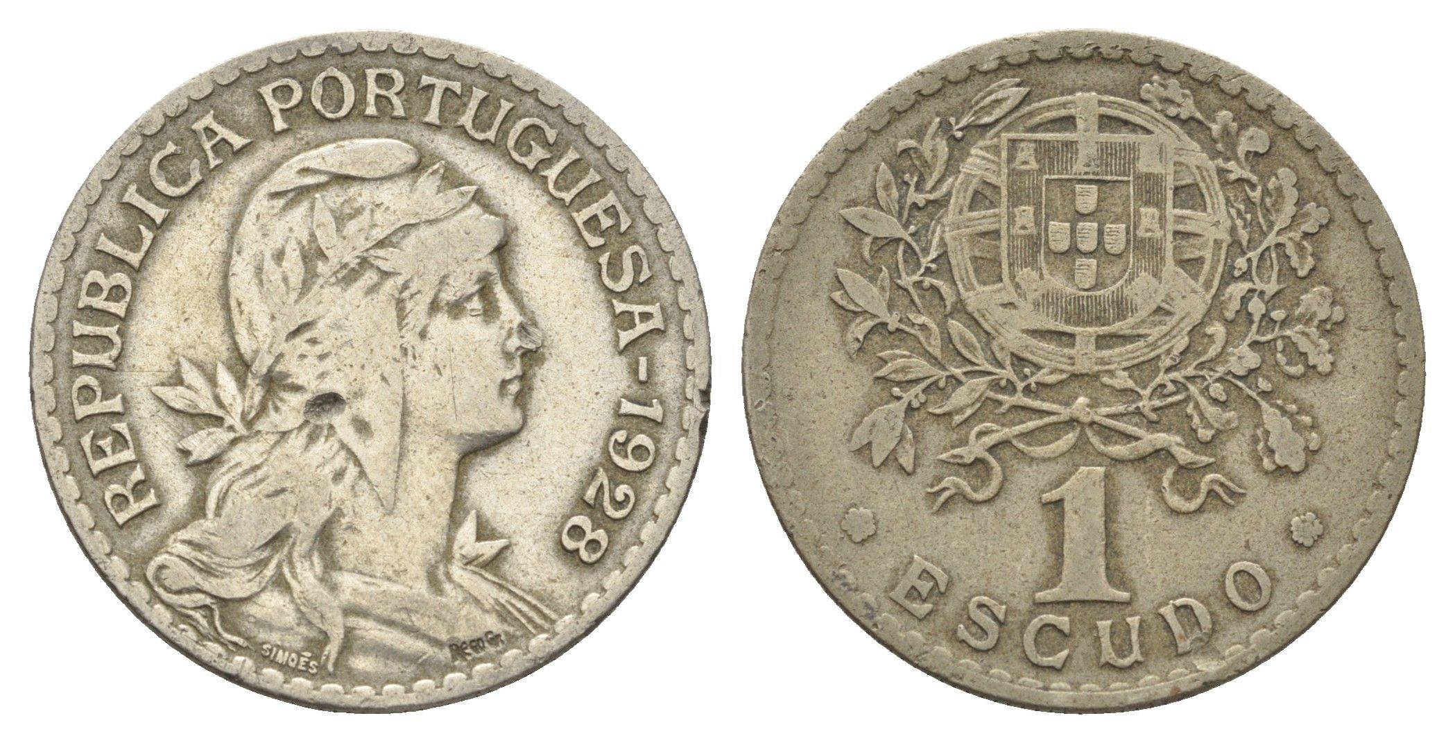 Португалия 1 эскудо 1928 голова Свободы вправо KM 578 никель латунь    4660-342