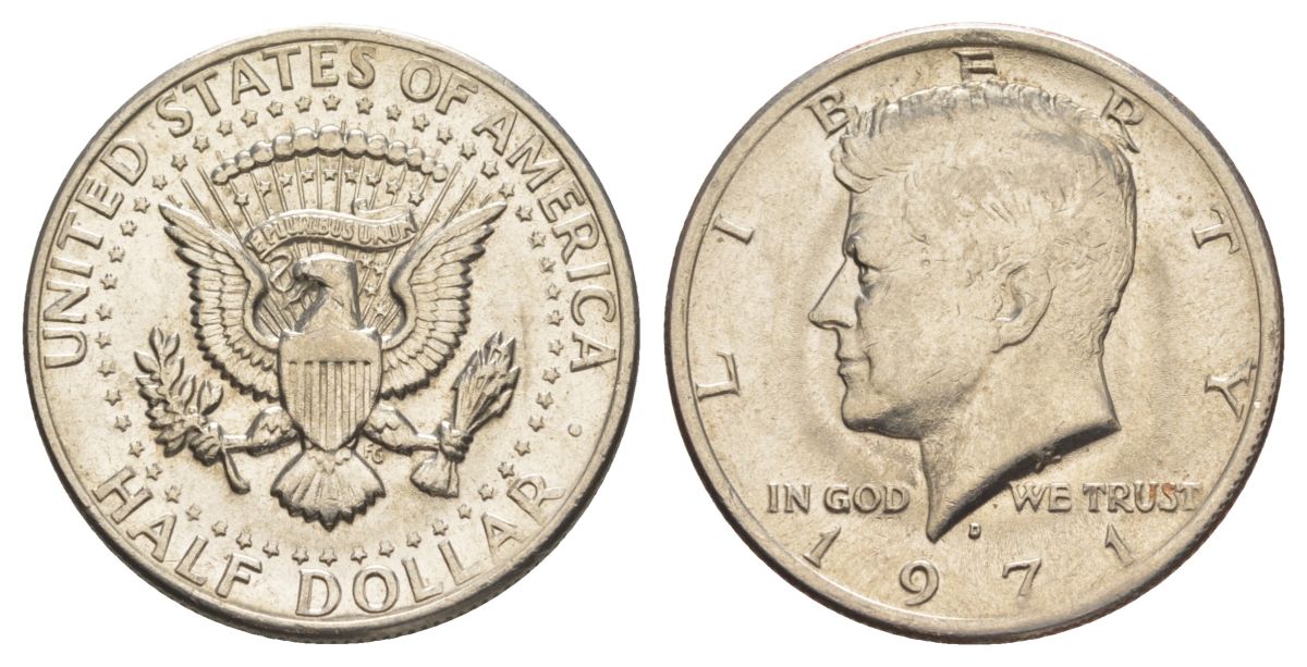 США 1/2 доллара (50 центов) 1971 D, Джон Кеннеди KM 202b медь плакированная медно-никелем aUNC 109-113