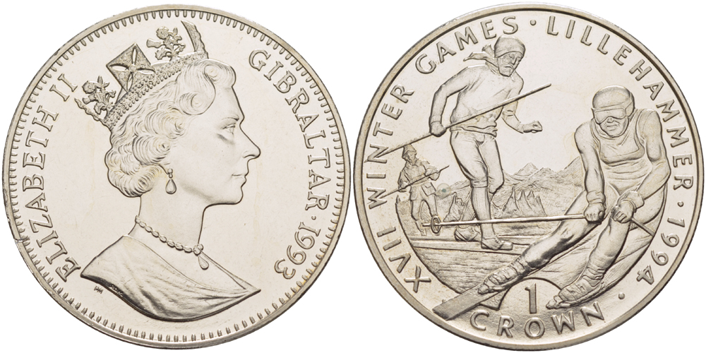 Гибралтар 1 крона 1993 XVII зимние Олимпийские игры 1994 года в Лиллехаммере, горные лыжи KM 148 медно-никель BUNC 1084-8-64
