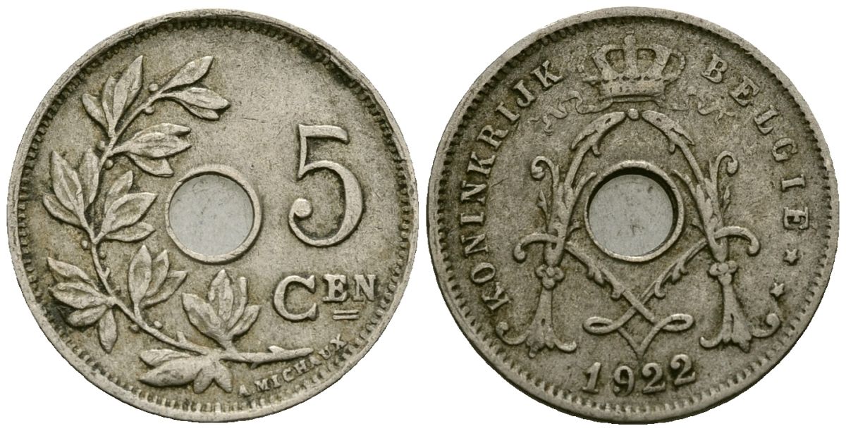 Бельгия 5 сантимов 1922 Belgie KM 67 медно-никель 4173-238