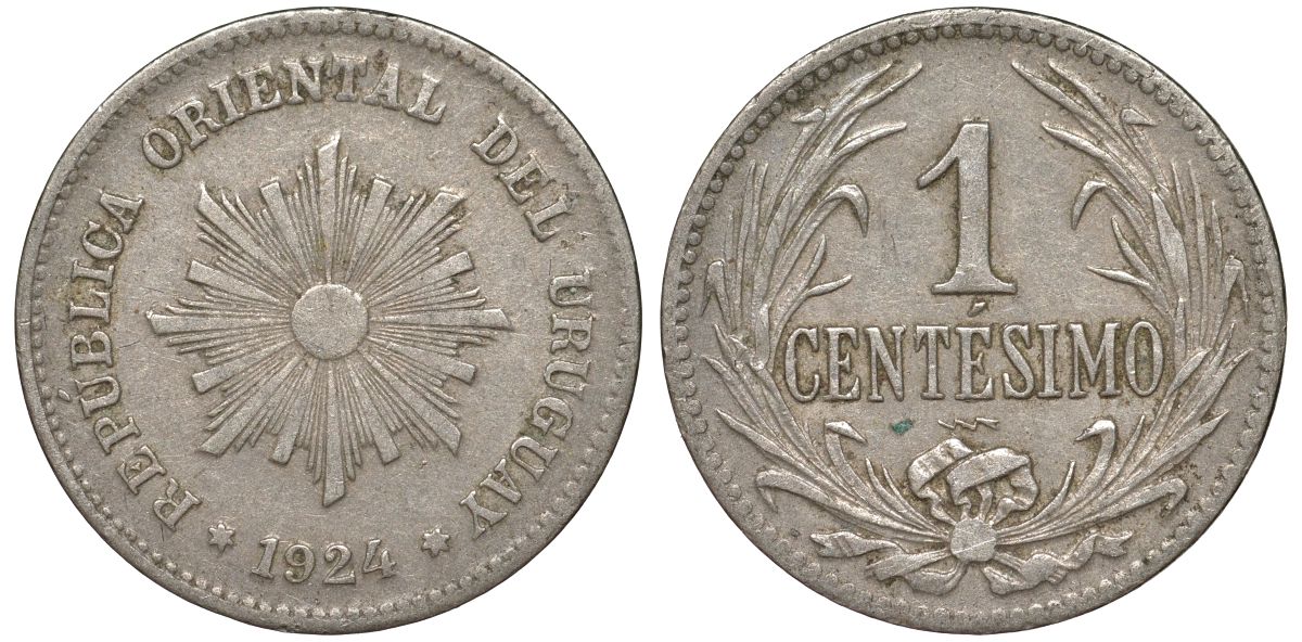 Уругвай 1 сентесимо 1924 KM 19 медно-никель 3955-829
