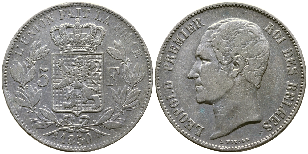 Бельгия 5 франков 1850 Леопольд I (1831-1865), точка над датой KM 17 серебро 74-1131