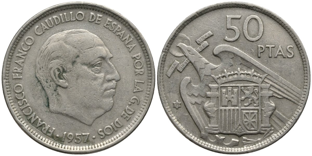 Испания 50 песет 1957 (59) Франсиско Франко (1939-1975) KM 788 медно-никель 4111-943