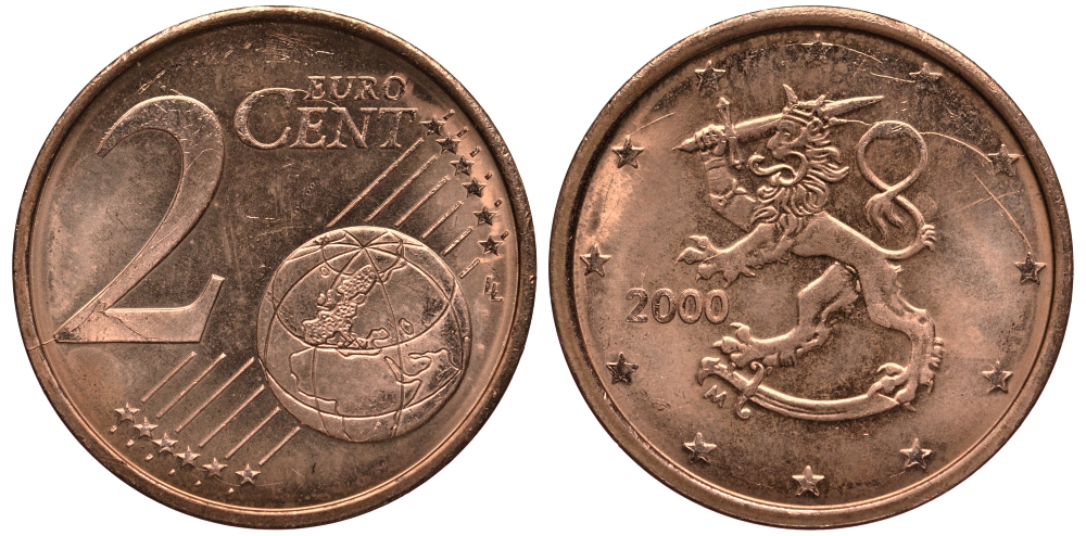 ФИНЛЯНДИЯ 2 ЕВРОЦЕНТА 2000 KM 99 сталь плакированная медью UNC 4181-451