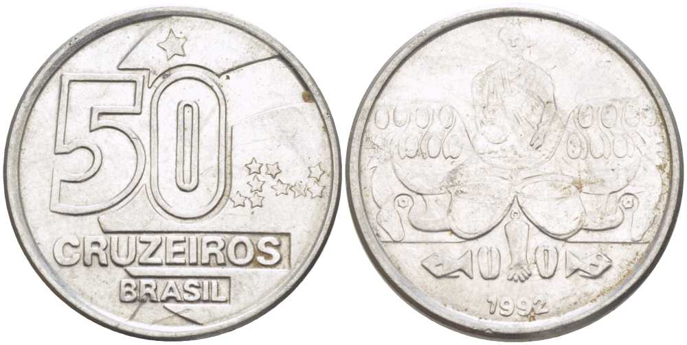 Бразилия 50 крузейро 1992 KM 620.2 нержавеющая сталь 4364-1854
