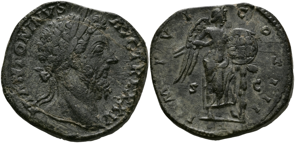Римская Империя сестерций 170 - 171 Марк Аврелий IMP VII COS III Виктория, Рим Good Very fine 23,57 гр RIC 1001 бронза 1073-7-62