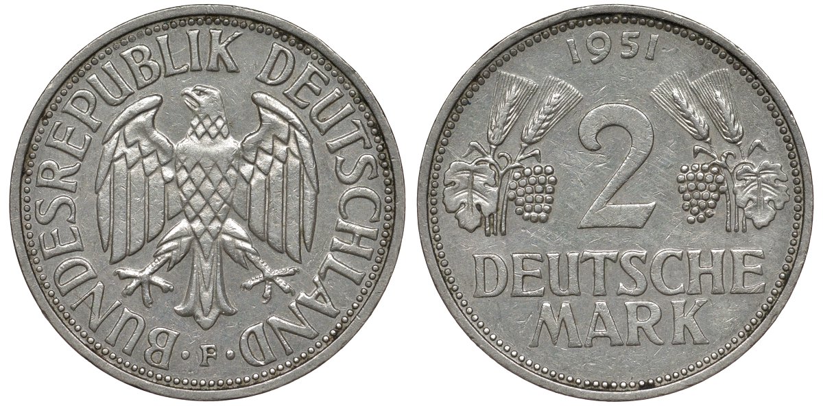 ФРГ 2 марки 1951 F J 386, KM 111 медно-никель плакированный никелем 72-223